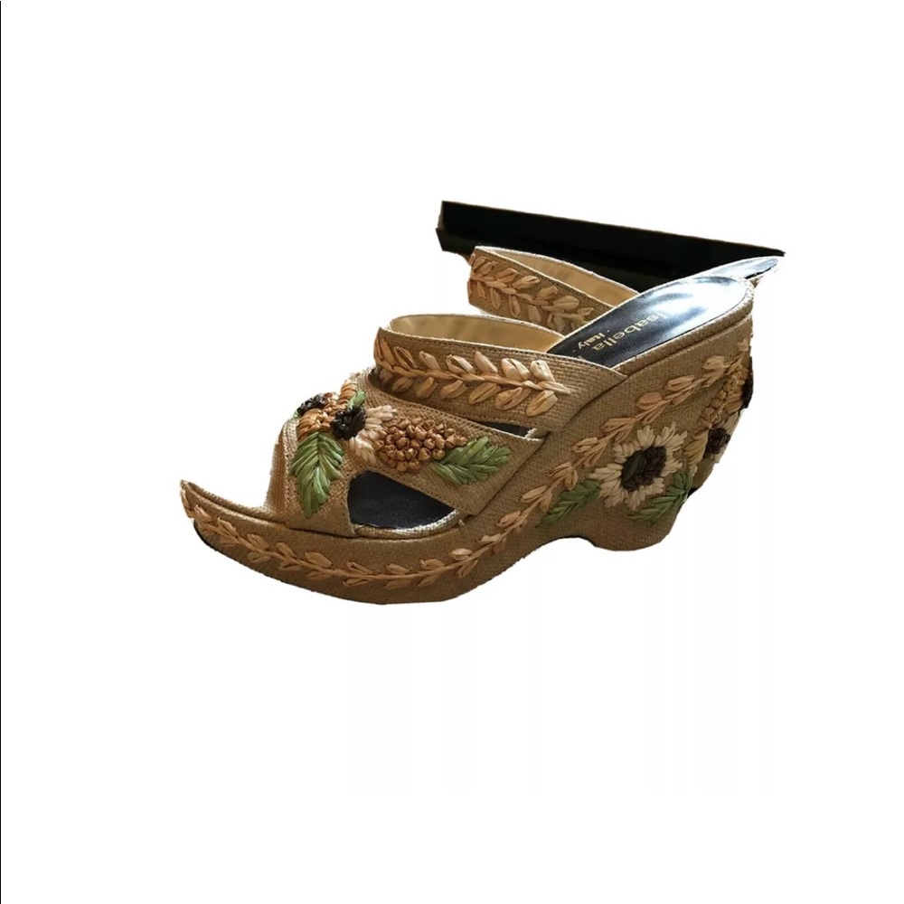 STRAW Bohemian Embroidered wedges sz7.5 Made Italy Isabella Fiore NEW PriceFirm - Picture 2 of 12